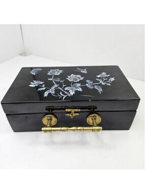 Vintage Asian Black Lacquer Jewelry Box Mother of Pearl Inlay Mirror Brass...